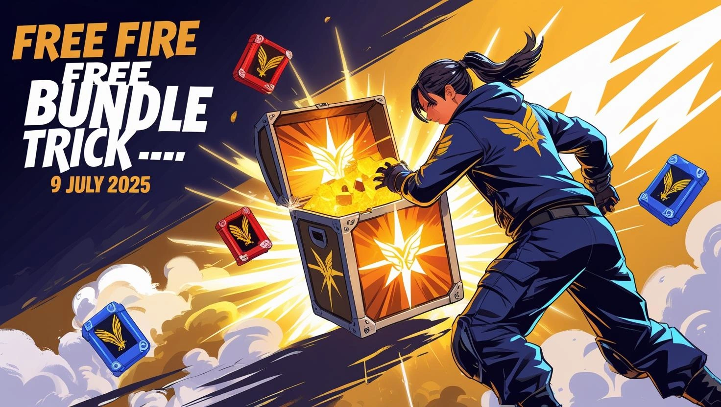 A Free Fire character opening a glowing bundle crate with golden light shining out, Angelic Pants and Cobra Bundle floating around. Text: “Free Fire Free Bundle Trick – 9 July 2025” in white and blue, lightning bolt in background.
